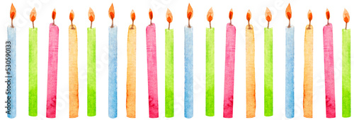 Watercolor seamless border with colorful festive burning candles on white background. For birthday products etc.
