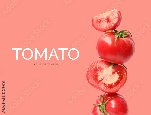 Creative layout made of tomato on the red background. Flat lay. Food concept. Macro  concept