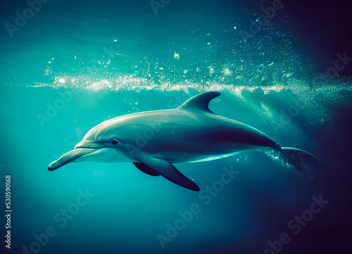 Dolphin swimming under the turquoise blue water in the sea, whimsical illustration © XaMaps