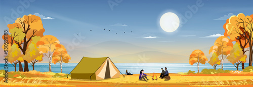 Autumn scene with Family enjoying vacation camping at countryside  by the river,People sitting near the tent and campfire having fun talking together,Vector Rural landscape in fall forest with sunset