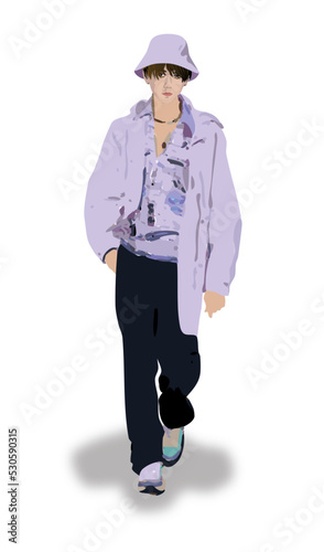 a young man wear a sporty violet parka jacket ,  patterned shirt, black pants and sneakers on transparent  background, realistic minimalist illustration vector