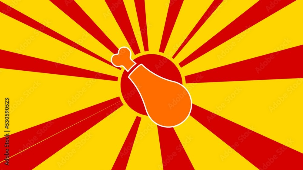 Chicken's leg symbol on the background of animation from moving rays of the sun. Large orange symbol increases slightly. Seamless looped 4k animation on yellow background