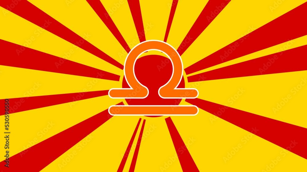 Zodiac libra symbol on the background of animation from moving rays of the sun. Large orange symbol increases slightly. Seamless looped 4k animation on yellow background