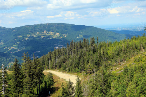 Fototapeta Naklejka Na Ścianę i Meble -  Mountain landscape and trail, pathway. Silesian Beskids. One of the Beskids mountain ranges in Outer Western Carpathians in southern Silesian Voivodeship, Poland. 