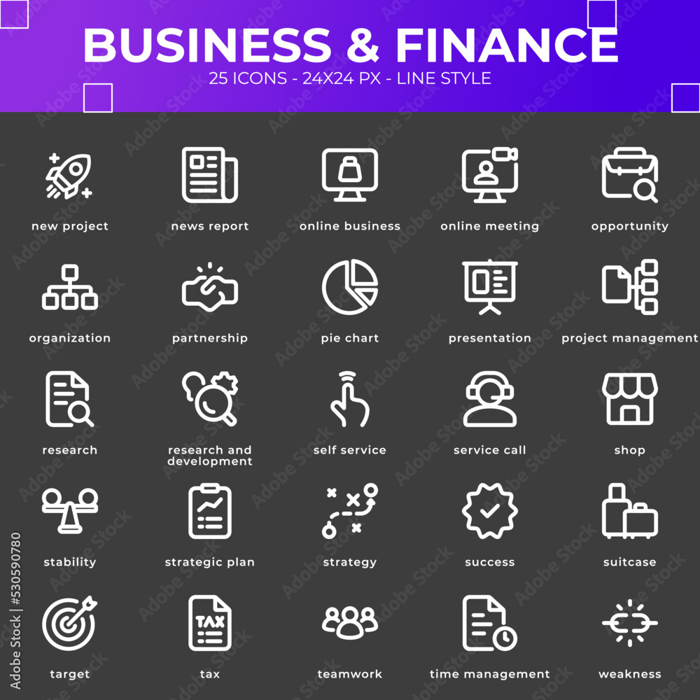 Fototapeta premium Business and Finance Icon Pack With Black Color