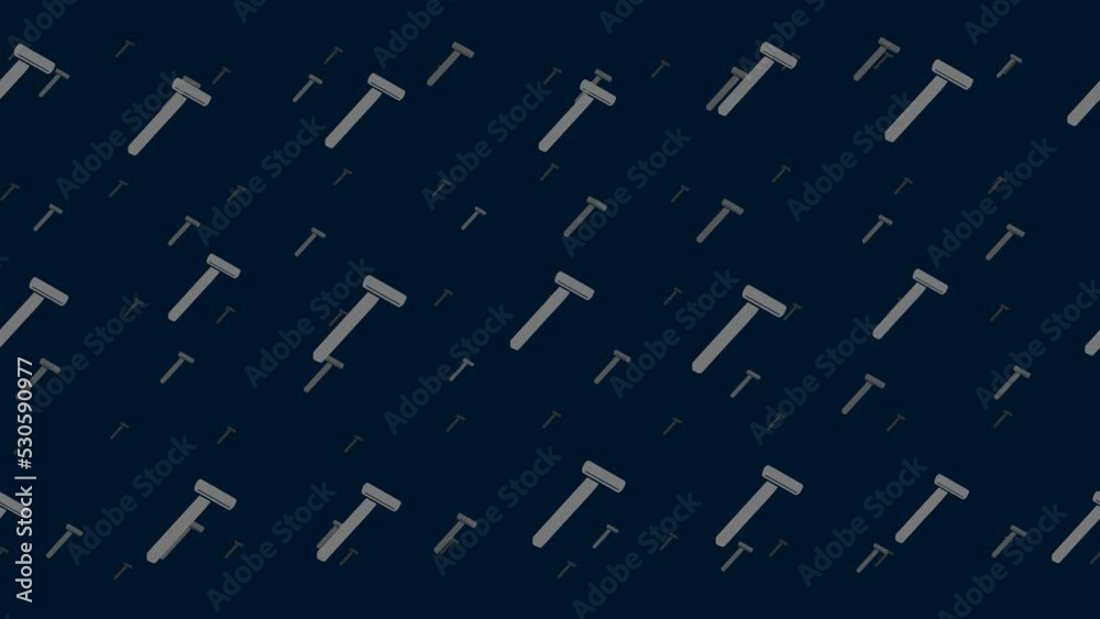 Mens razor symbols float horizontally from left to right. Parallax fly effect. Floating symbols are located randomly. Seamless looped 4k animation on dark blue background