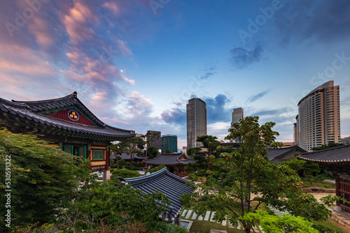 Skyline of Gangnam-gu by the tea house in Bongeunsa Temple  Seoul  South Korea.