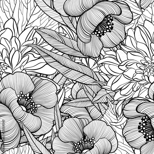 Hand drawn abstract ornamental line art leaves and flowers engraving seamless pattern. Endless rapport for packaging  textile  decoupage  wall-art
