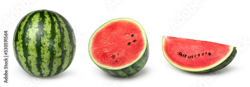 watermelon, half and sliced isolated on white background, Watermelon macro studio photo, set