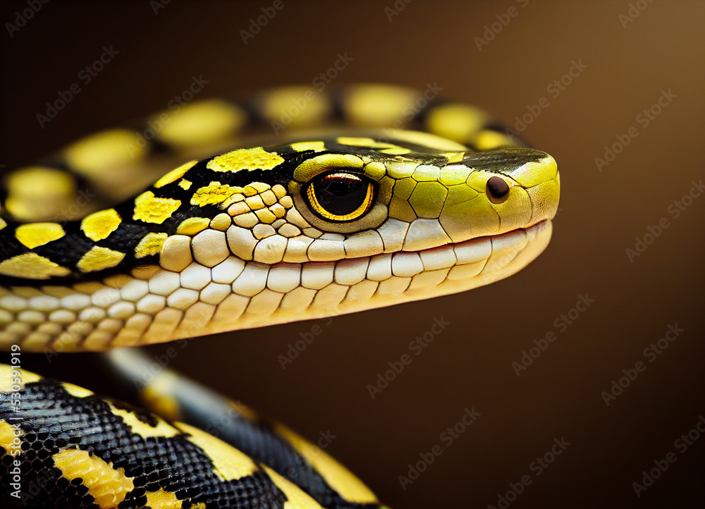 Fototapeta premium Snake head, young and black, fancy reptile, background blur