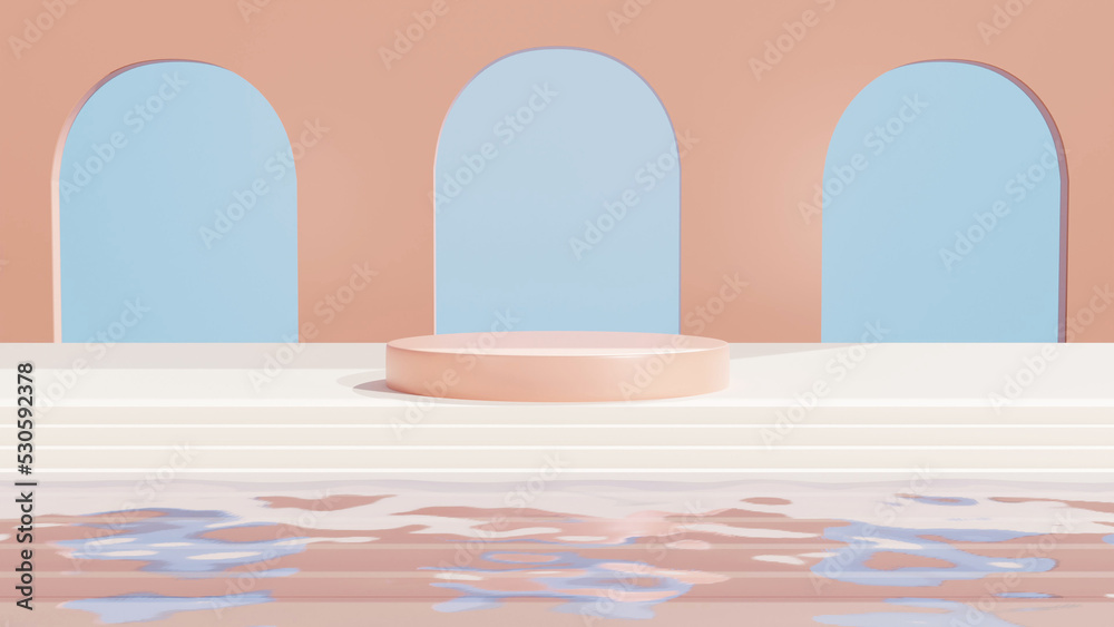 3D rendering Product display podium with water reflection and geometrical forms background. minimal 3d landscape. Cosmetic for Beauty product.