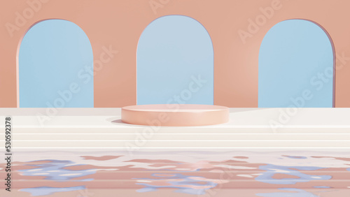3D rendering Product display podium with water reflection and geometrical forms background. minimal 3d landscape. Cosmetic for Beauty product. © PTC_KICKCAT