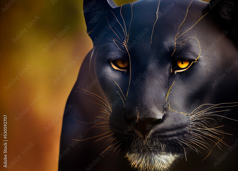 Black panther head, wild African cat with yellow eyes, protected species in danger Stock