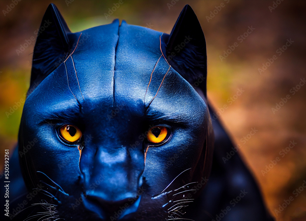 Black panther head, wild African cat with yellow eyes, protected