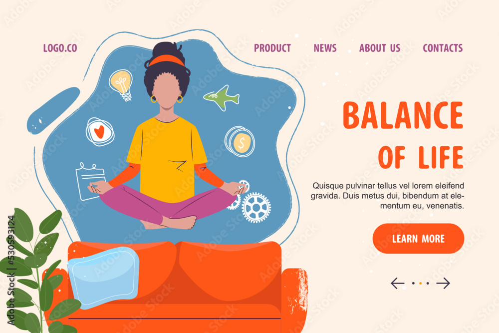 Work and life balance web landing page, vector illustration. Woman in yoga pasture balancing with life items at home, relax lifestyle. Balanced work and life management webpage template. Multitasking Work and life balance web landing page, vector illustration. Woman in yoga pasture balancing with life items at home, relax lifestyle. Balanced work and life management webpage template. Multitasking