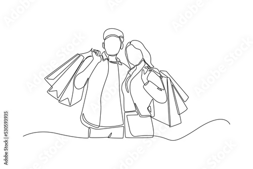 Single one line drawing happy couple with bags shopping on black friday. Black Friday concept. Continuous line draw design graphic vector illustration.