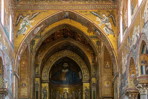 Monreale, Italy - July 8, 2020: Interior shot of the famous cathedral Santa Maria Nuova of Monreale near Palermo in Sicily, Italy