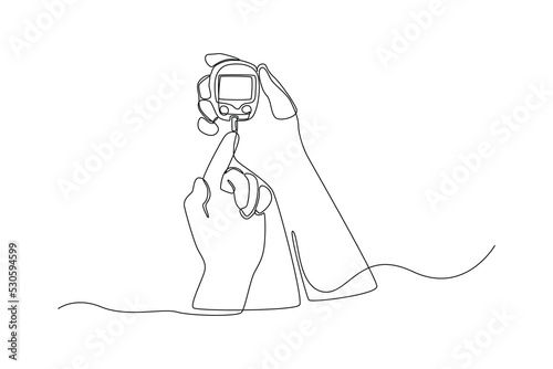 Continuous one line drawing hand using glucometer for checking blood sugar level. World diabetes day concept. Single line draw design vector graphic illustration.