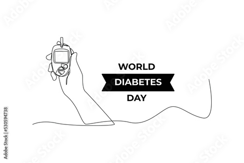 Continuous one line drawing hand using glucometer for checking blood sugar level. World diabetes day concept. Single line draw design vector graphic illustration. photo