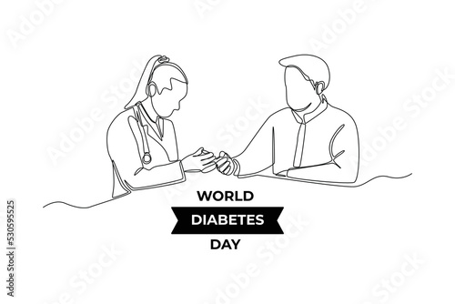 Continuous one line drawing woman doctor help patient for check diabetes with glucose meter in hospital. World diabetes day concept. Single line draw design vector graphic illustration.