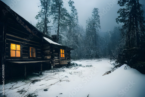 A warm cabin alone in the winter woods. 