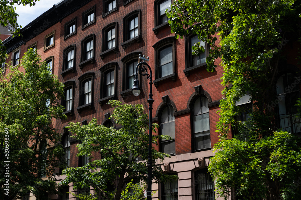 Row of Beautiful Old Brick Residential Buildings with Green Trees in the East Village of New York City