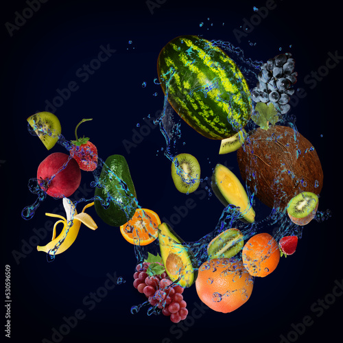 Fototapeta Naklejka Na Ścianę i Meble -  Wallpaper, panorama with fruits in the water - kiwi, melon, apple, strawberry are very tasty and filled with vitamins