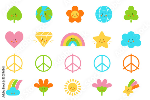 Kawaii smiley doodle isolated icon vector clipart. Funny Peaceful. Emoji rainbow sun heart diamond sticker