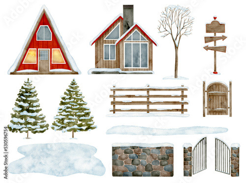 Watercolor winter countryside houses set. Hand drawn tiny triangle cabin, wood cottage, stone fence, gates, snowy fir trees and snowdrift illustrations isolated on white background. Christmas design
