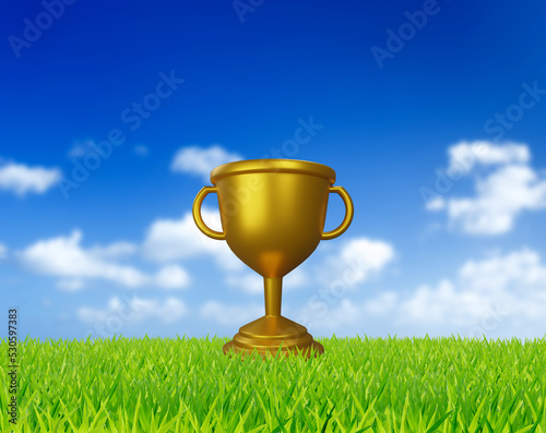 Gold trophy on green fields and blue sky. 3D rendering