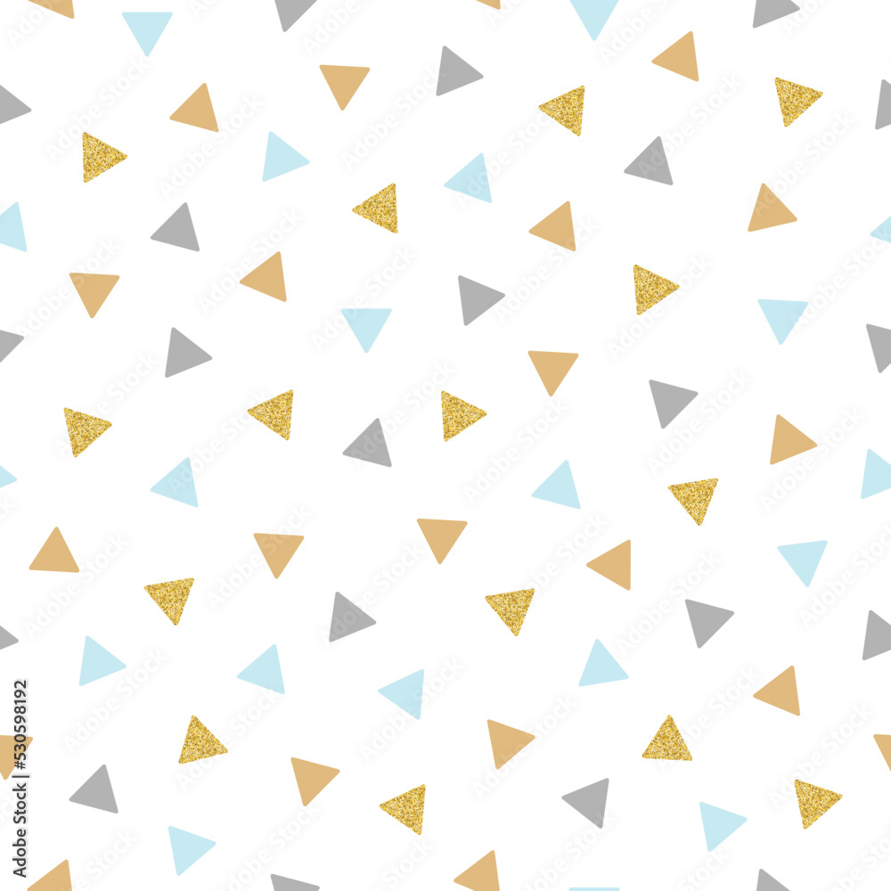 Colourful seamless pattern with repeating triangles in blue and grey. Pattern in subtle tones with sequins. Wallpaper for a boy's room. Vector illustration. Colourful seamless pattern with repeating triangles in blue and grey. Pattern in subtle tones with sequins. Wallpaper for a boy's room. Vector illustration.