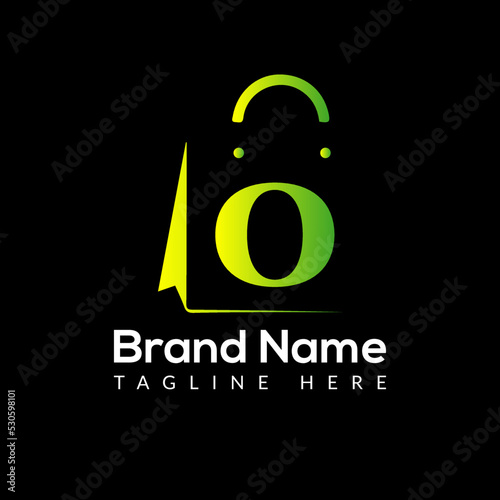 Shopping Bag Logo On Letter O Template. Shopping Bag On O Letter, Initial Shopping Bag Sign Concept Template	