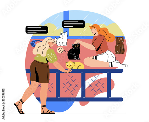 Animal care concept. Young female employee of pet hotel looks after fluffy cats in aviary. Nurse or pet sitter plays with small cute kittens. Cartoon flat vector illustration in doodle style