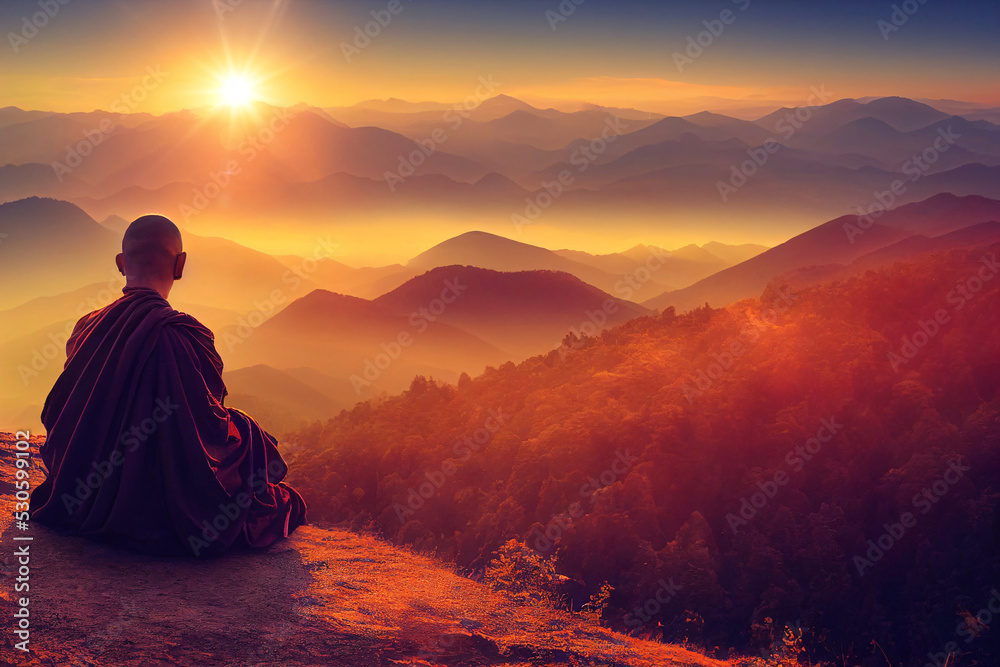 Buddhist monk in meditation on top of a mountain during sunrise or sunset Buddhist monk in meditation on top of a mountain during sunrise or sunset
