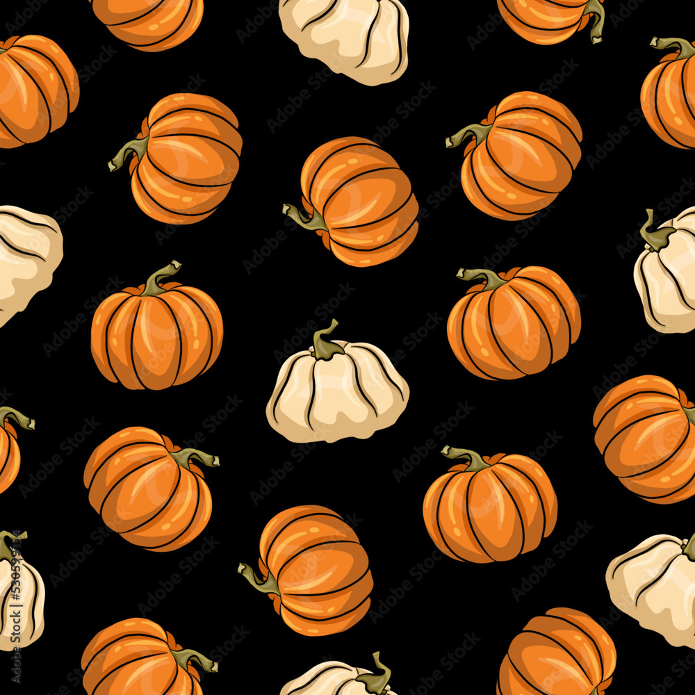 Pattern with black background with orange and white pumpkins, abstraction, pattern with vegetables, autumn postcard, vector illustration