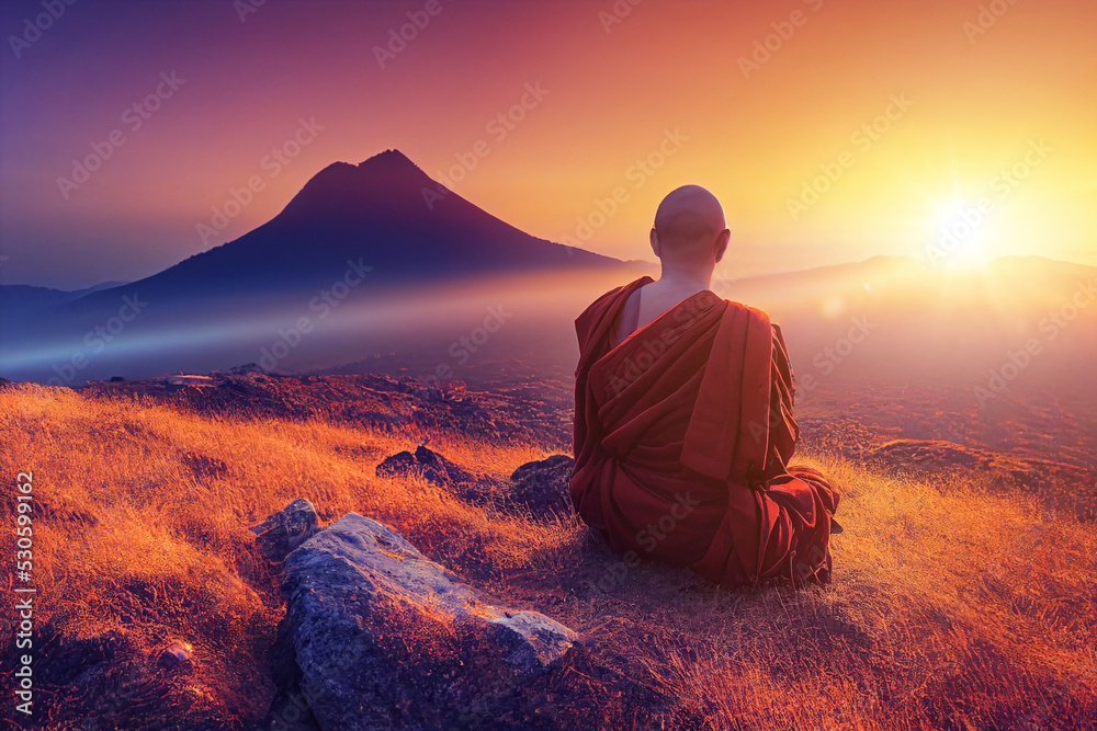 Buddhist monk in meditation on top of a mountain during sunrise or sunset - obrazy, fototapety, plakaty 