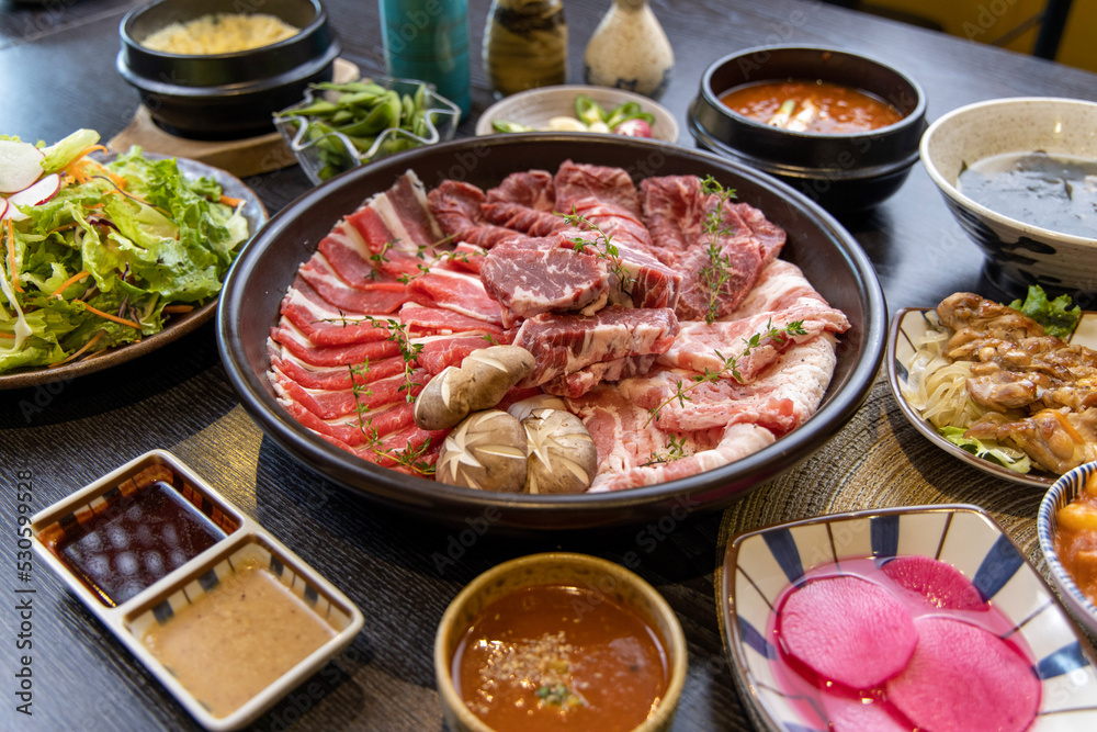 Korean traditional style assorted bbq grilled set, fresh Asian side dish vegetables Korean traditional style assorted bbq grilled set, fresh Asian side dish vegetables