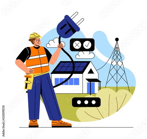 House renovation concept. Residential electrical construction. Young male foreman connects house to electricity or energy and pulls plug. Cartoon modern flat vector illustration in doodle style