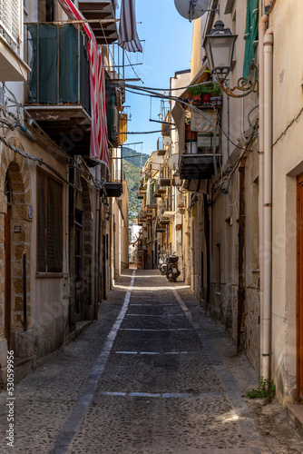 Cefalu, Sicily - Italy - July 7, 2020: Small typical street in Cefalu in Sicily, Italy