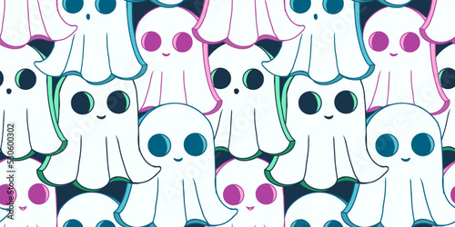 Cute ghost Halloween pattern. Sweet faces colourful spook pattern. Cookie cartoon pattern with cute ghosts. Perfect for product and packaging design.