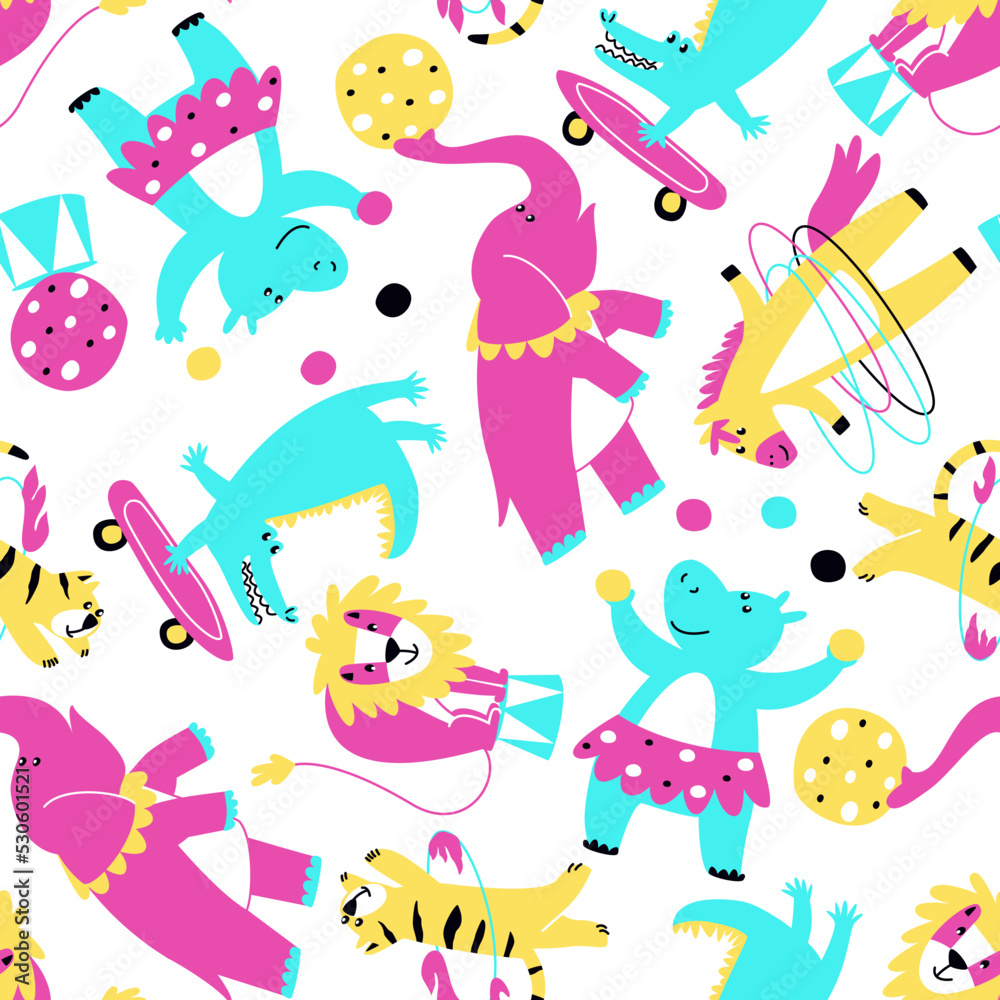 Cheerful multicolored seamless pattern with circus animals scattered on a white background. Animal tricks with circus items. Crocodile, tiger, lion, elephant, horse, hippopotamus. Flat vector