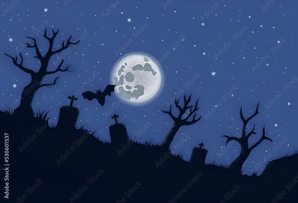 halloween background with black silhouette of cemetery and trees, bat, full moon and with blue starry sky