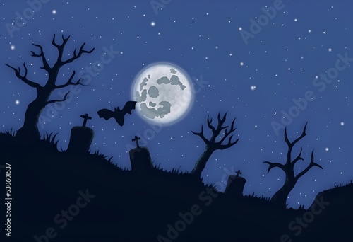 halloween background with black silhouette of cemetery and trees, bat, full moon and with blue starry sky