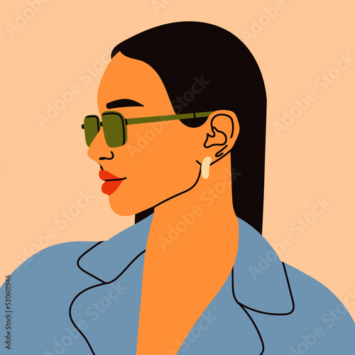 Beautiful Woman in sunglasses. Side view. Trendy clothes. Closeup portrait of cute young lady. Hand drawn modern Vector illustration. Fashion, style concept. Logo, poster, avatar, print template