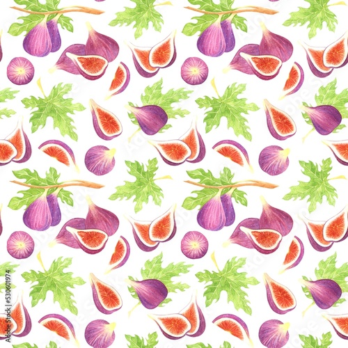 Fototapeta Naklejka Na Ścianę i Meble -  WHITE SEAMLESS PATTERN WITH WATERCOLOR FIG FRUITS