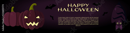 Halloween Vector Banner With Jack O'Lantern, Pumpkin and Bats. Perfect for Web Sites, Printed Materials, Social Media, etc.