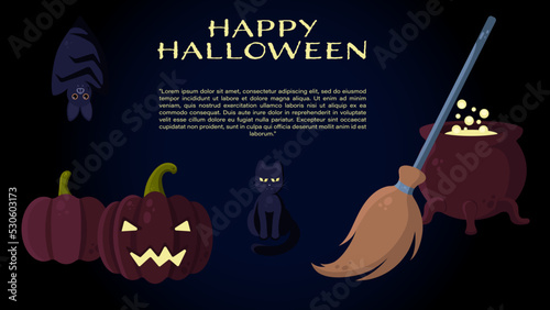 Halloween Vector Banner With Jack O'Lantern, Cauldron, Broom, Cat, Bat and Pumpkin. Perfect for Web Sites, Printed Materials, Social Media, etc.