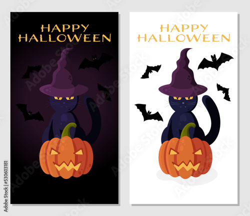 Halloween Vector Posters With Black Cat on a Witch Hat, Jack O'Lantern and Bats. Perfect for Web Sites, Printed Materials, Social Media, etc.