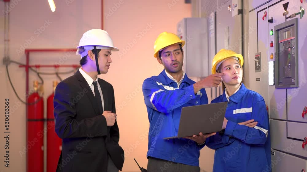 Electrical engineers making a discussion together. Engineer team working in electric control room. Electrical engineers making a discussion together. Engineer team working in electric control room.