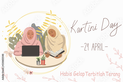 Vector Happy Kartini Day. Girls in hijabs study, the backdrop of blooming plumeria, leaves, with a laptop and a book, get an education, access to education, struggle for women's rights, empowerment. 